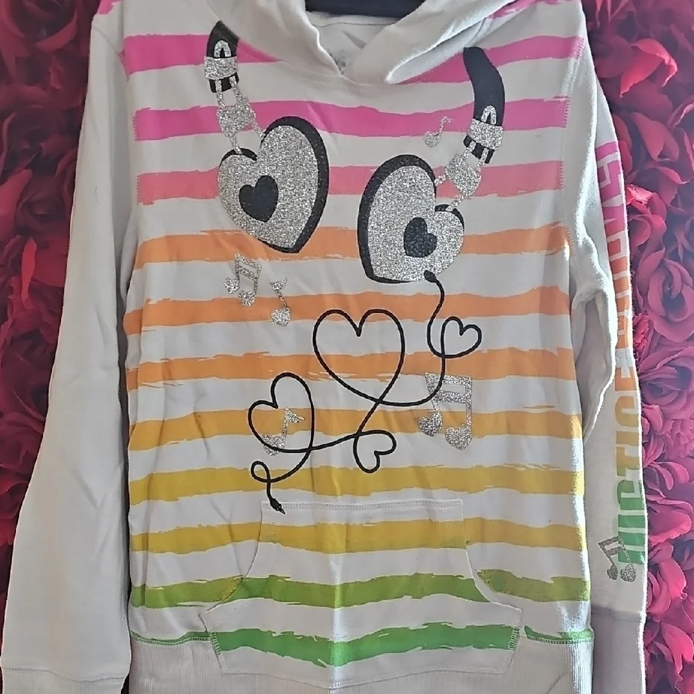 Justice Girls Colorful Striped Headphones Glitter Hoodie Size 12